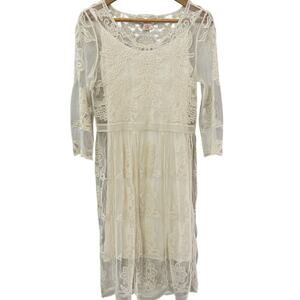 Sundance Boho Floral Embroidered Cream‎ Sheath Midi Dress Size XS